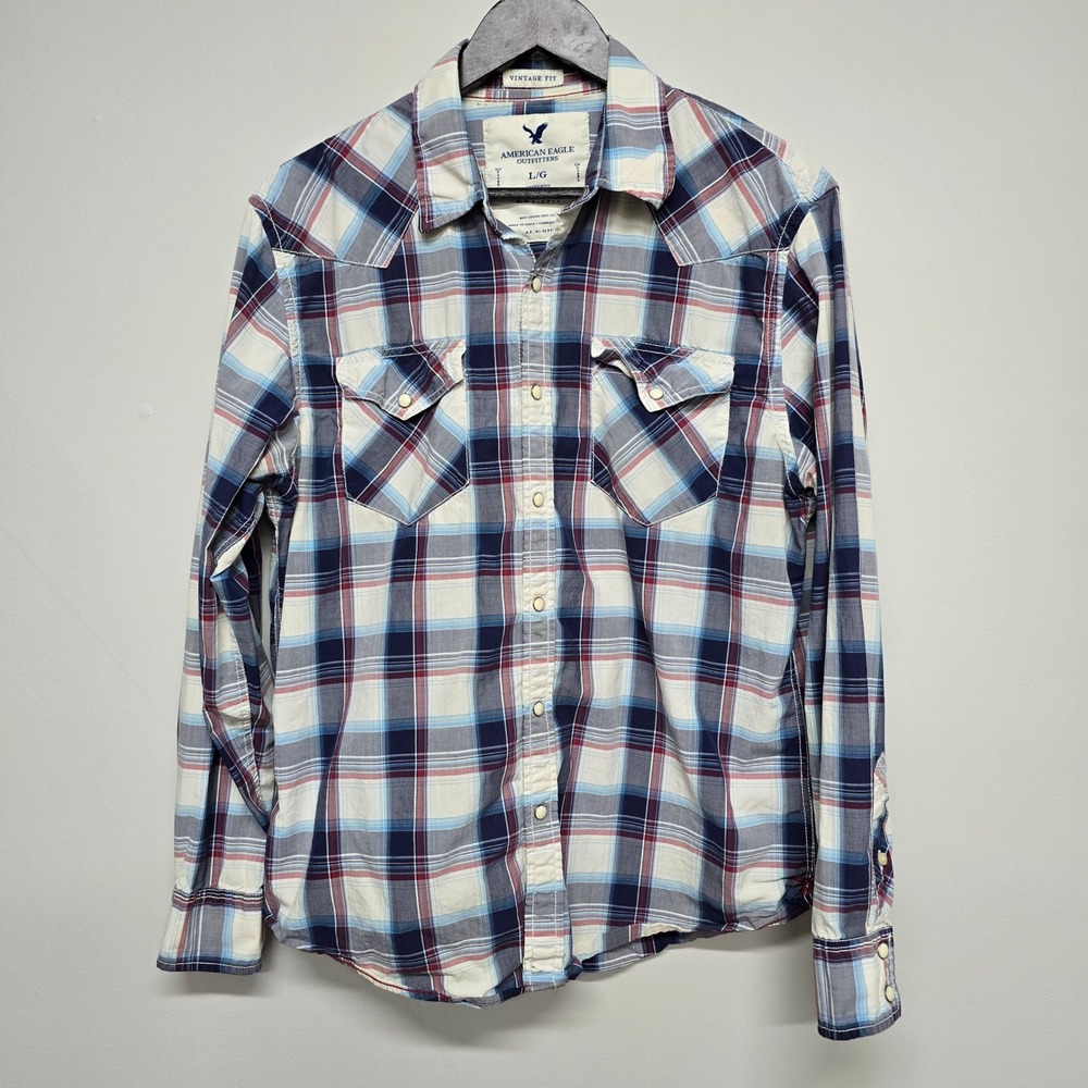 American Eagle Western Pearl Snap Shirt Mens Large Blue Plaid Cotton Americana